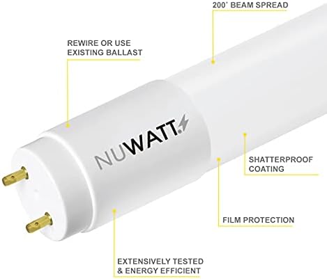 NUWATT (10ft de tubo de 4 pés de 4 pés de 4 pés de lente, 18w, 5000k, 2.200 lúmens, 120v-277V, tubo de dupla, tubo A & B funciona