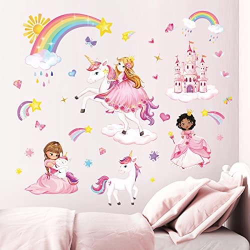 Maravilhoso princesa unicórnio adesivos de parede castelo arco -íris casca e ades de arte de parede para meninas quarto quarto berçário bebê berçário