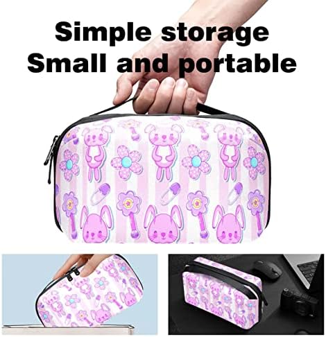 Bolsa de organizador eletrônico portátil Bolsa Cartoon Pink Bunny Travel Storage Sagão para discos rígidos, USB, cartão SD, carregador,