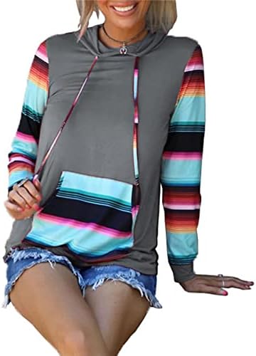 Mulheres de manga comprida bloco de cor do capuz de arco -íris de bolso de bolso moletons de pulloto de batida
