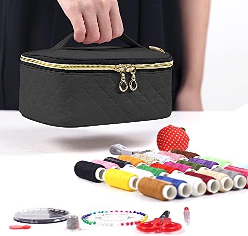 Kit de costura de Lodrid, bolsa de flanela portátil com suprimentos de costura completos para viagens e casa, ferramentas de kit de reparo de costura para adultos, iniciantes, 24 fios de cores, preto