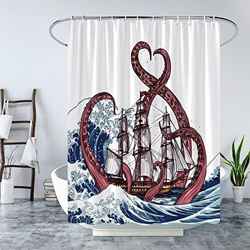 Cortina de chuveiro de polvo oceano kraken japonês grande onda de veleiro náutico de vela fria de animal pirata pirata engraçado