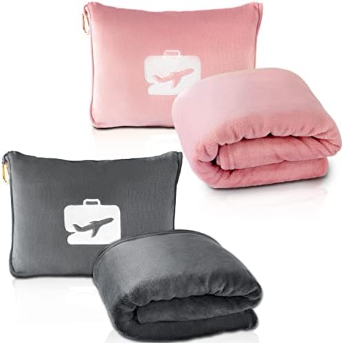 Clanta de viagem Eversnug e pacote de valor de travesseiro - manta de avião de 2 em 1 com travesseiro de bolsa macia, manga de bagagem de mão e clipe de mochila | A cor inclui rosa e cinza