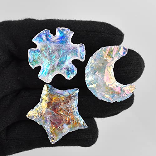 3pcs Angel Aura Quartz Stone Raw Star, Hexagon e Moon Shape perfurados Mystic Quartz, DIY Craft, jóias fazendo pedras preciosas, embrulho