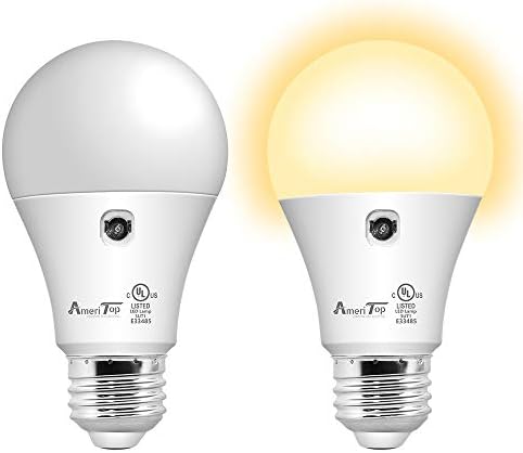 Ameritop Dusk para Dawn Bulb- 2 pacote, lâmpadas do sensor LED A19; UL listado, liga/desativado automático, 800 lúmen, 10w, e26 base, lâmpada de iluminação interna/externa