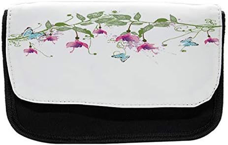 Caixa de lápis de flor lunarável, sino e borboletas, bolsa de lápis de caneta com zíper duplo, 8,5 x 5,5, verde branco