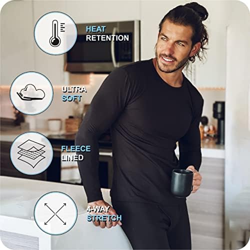 Bodtek Long Rouphe Mens Set - Long John Thermal Underwear para homens Camada base forrada de lã - Pijama de cima e inferior para