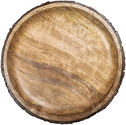 Gocraft redondo prato de servir de madeira com casca de árvore nas bordas | Mango Wood Pizza Platter, Board Service | Charcuterie Platter - 13
