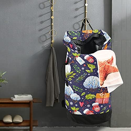 Bolsa de lavanderia de boneco de natal Backpack de lavanderia pesada com alças e alças de ombro Saco de roupa de deslocamento