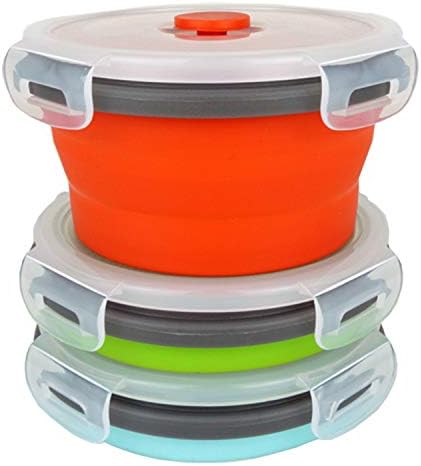ECOMORNING 3 peça redonda de recipiente de almoço dobrável Recipientes de armazenamento de alimentos de silicone Tigela de camping