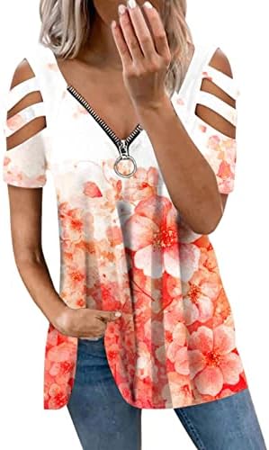Zip em cima camiseta superior para mulheres de verão de verão, roupas y2k fora do ombro de manga curta algodão profundo v pescoço