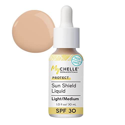 Mychelle Dermaceuticals, Sun Shield Liquid SPF 30 Médio/escuro - Protetor solar colorido para toda a pele com argila de bentonita que absorve óleo - Use como fundação ou primer de maquiagem para acabamento fosco