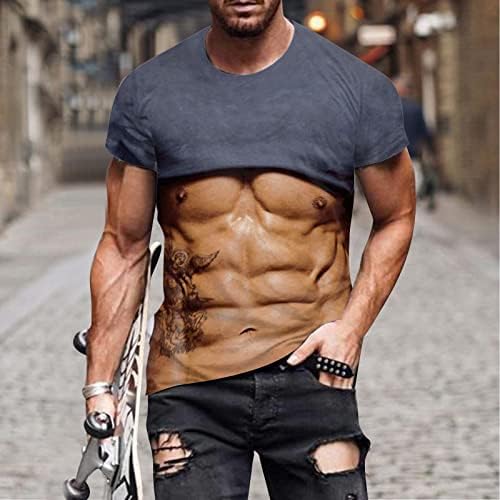 2023 Novos homens da primavera e verão Musculares musculares abdominais camiseta de impressão digital 3D com pescoço redondo e