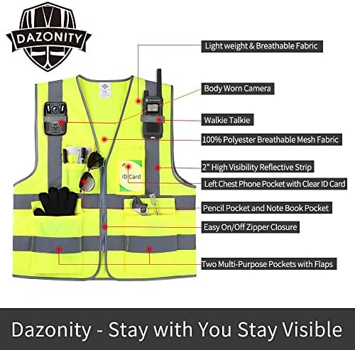 Colet de segurança de alta visibilidade da Dazonity com bolsos e zíper, 2pcs, tiras reflexivas, adequadas para homens e mulheres, trabalho, construção, ciclismo, corrida, inspetor, voluntário