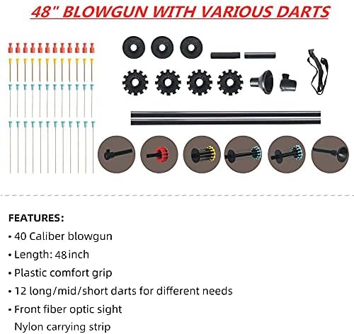 Geekhight Blowuns 36 48 .40 Kit de sopro de calibre com 12 dardos longos/médios/curtos + 2pcs papel -alvo extra