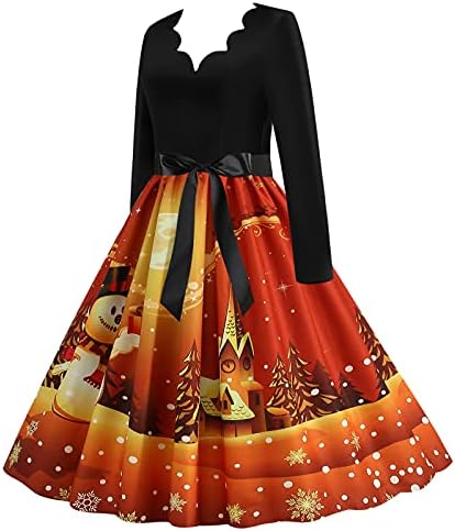 Vestido de Natal vintage feminino Xmas Rockabilly Cocktail Party Dress V pescoço de manga longa Sra. Papai Noel vestidos