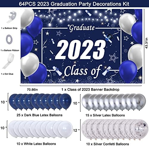 Decorações de graduação Classe de 2023 Blue Silver Graduation Party Decor 2023 Grad Banner Supplies para Celebração de Graduação da