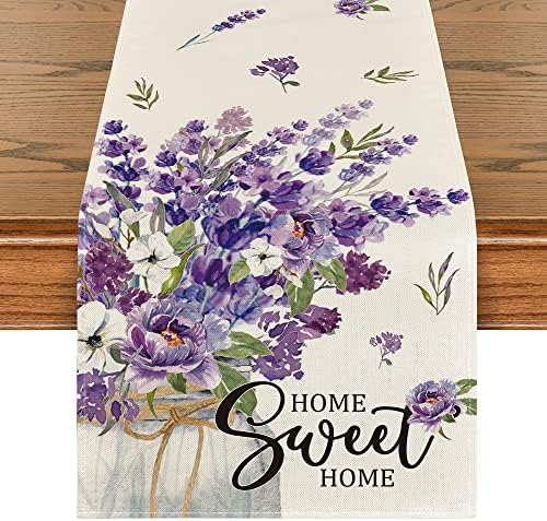Modo Artóide Purple Lavender Folhas Sweet Home Summer Table Runner, Decoração sazonal de mesa de jantar de cozinha de primavera para