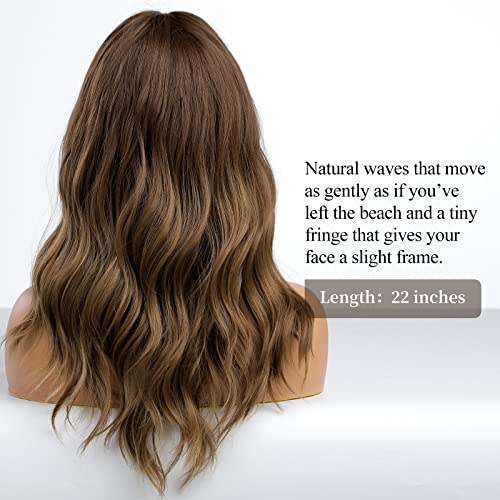 Perucas marrons de onda longa de cabelo com franja, perucas castanhas ombre marrom para mulheres perucas sintéticas resistentes ao calor