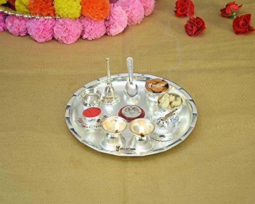 Goldgiftideas de 8 polegadas Upasana Silver Pooja Thali Set com moeda de prata alemã, Pooja Thali Decorativa, Presente de Casamento