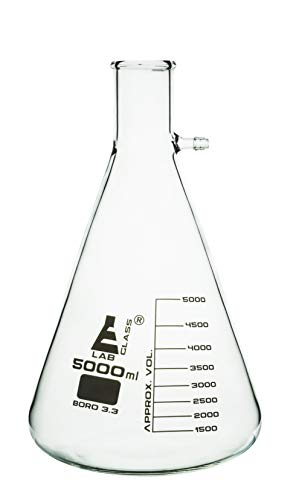 Balão de filtragem, 5000 ml - vidro borossilicato - forma de paredes pesadas - forma cônica, com braço lateral integral - graduações brancas - laboratórios EISCO