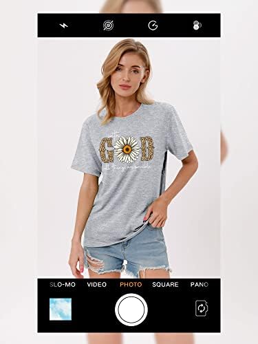 OUNA com Deus, todas as coisas são possíveis camisetas de flores Faith Sayings Daisy Leopard Prinha de manga curta Casual camiseta Tops de camiseta