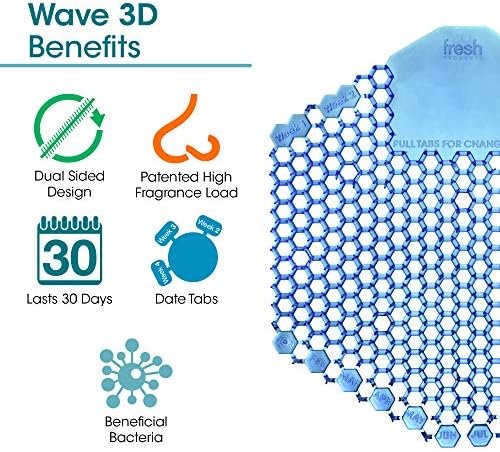 Fresh Products Wave 3D, praticamente elimina respingo de urina, uso de 30 dias, instalação fácil, bactérias benéficas, fragrâncias consistentes-flor de algodão, azul, feita nos EUA, telas de urinol 10pk