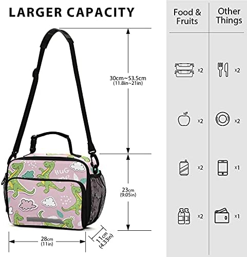 Mnsruu Little Dinosaur Pink Lanch Box, bolsa refrigeradora à prova de vazamentos reutilizados com alça de ombro ajustável