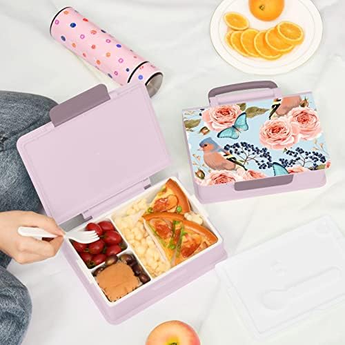Mchiver rosas pássaro bento caixa de almoço adulto com alça portátil recipiente de almoço por portátil com colher garfo