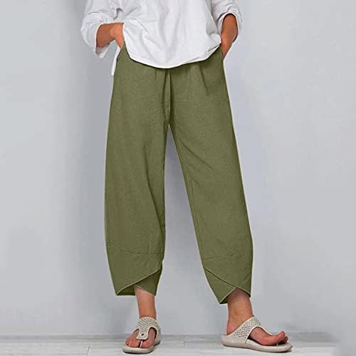 Calças de praia feminina de Gufesf, feminino casual de linho de algodão Capris Summer Logo Fit Troushers com bolsos