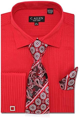 Christopher Tanner Men Solid Listed Pattern Fit Fit French Cuffs Dress Cirtas com gravata Hanky ​​Bufflinks Combo