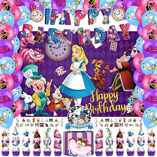 Alice in Wonderland Decorações de festas de aniversário Os suprimentos de festa incluem banner de feliz aniversário, capela de bolo, cupcake topper, pano de fundo, adesivo, balões de látex para meninos meninos de aniversário presente de festa.