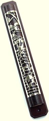 Judaica mezuzah case marrom escuro Placa de níquel de níquel Jerusalém Gravura Shin 12 cm