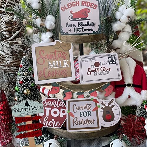 12 PCs Decoração de bandeja em camadas de Natal, decorações de fazenda de inverno para casa, Feliz Natal Sinais de madeira para