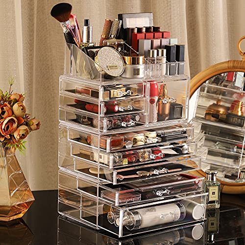 Organizador e armazenamento de maquiagem claros para vaidade, grandes cosméticos acrílicos exibem casos de exibição com gavetas