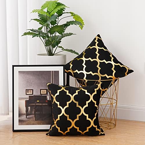 Capas de travesseiros pretos e dourados de Uini e 18x18 polegadas, conjunto de 2 tampas decorativas de travesseiro de ouro, almofada moderna de veludo macio