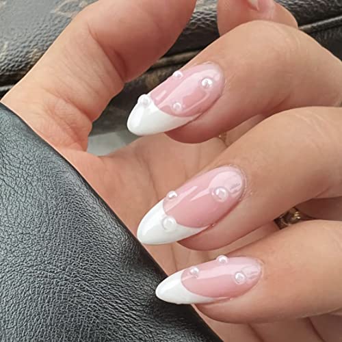 Sinhot Almond Press em unhas desenhos longos e brilhantes com cola dica francesa unhas falsas pérolas brancas acrílico pregos