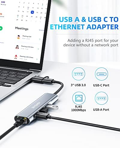 Adaptador Ethernet BYEASY com portas USB-A e USB-C, hub 4-1-1 USB 3.0 com RJ45 10/100/1000 Gigabit Converter LAN Fired, adaptador