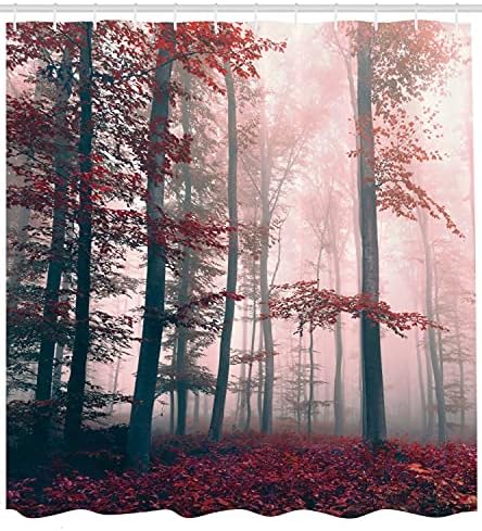 Cortina de chuveiro da floresta de Ambesonne, estação do outono Mystic Foggy Fall Nature e Woods Encantados Árvores selvagens