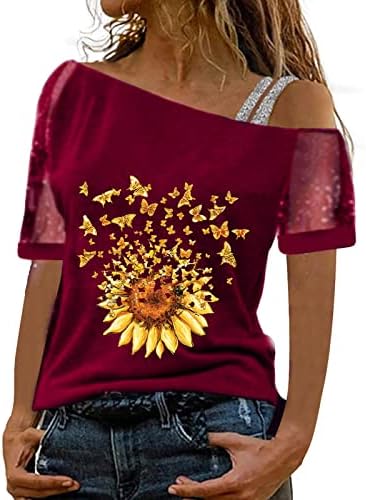 Ombro frio camiseta básica para mulheres meninas, impressão de girassol com mangas curtas camisetas tanques t camisetas blush tops