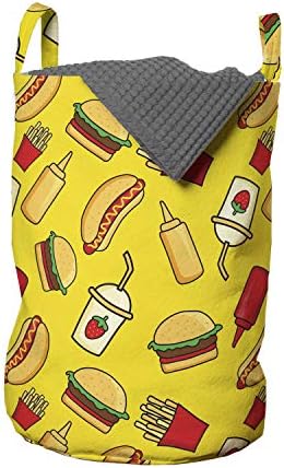 Bolsa de lavanderia de alimentos de Ambesonne, Fast Food de Cartoonish com Fries Hamburger Milkshake de morango, cesta de cesto com