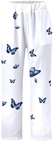 Palazzas de perna larga feminina Palazzo Floral Print Cotton Linen Casual Lear Linen Calças para o verão com bolsos