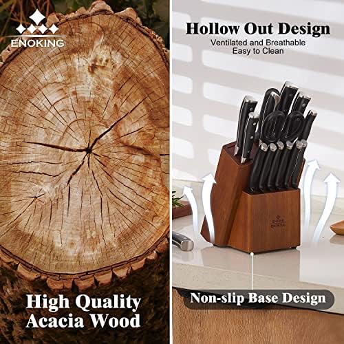 Enocando 15 slots Bloco de faca universal sem facas, Acacia Wood Knife Solder, Organizador da gaveta de facas com slots mais largos para o prateleira de armazenamento de facas de cozinha