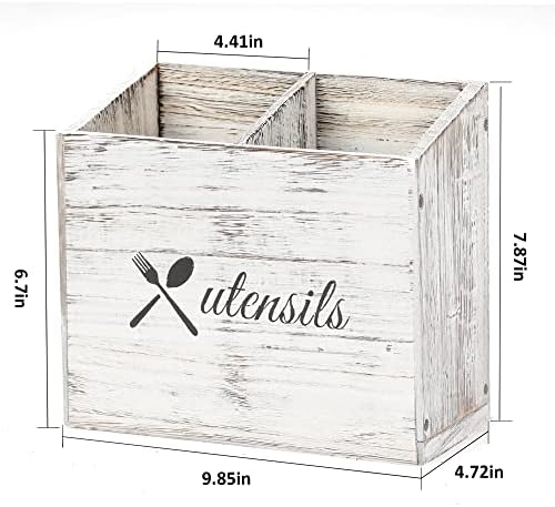 Organizador do suporte do utensílio de cozinha com 2 compartimentos, caddy de utensílios de fazenda rústica de talheres de talheres