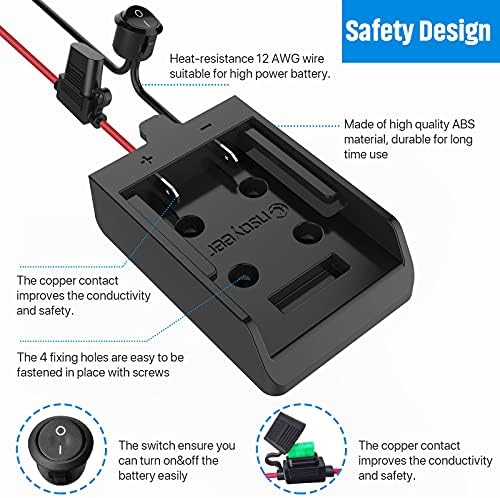 Adaptador de roda elétrica com fusível e interruptor, adaptador de bateria seguro para a bateria de lítio de 20V Dewalt, com fio