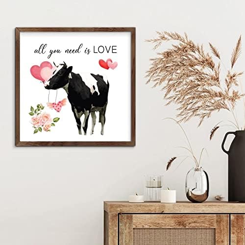 CANPOPM Farmhouse Wall Art Wood Sign Placa com citações de fazenda Animais do dia dos namorados Tudo o que você precisa é de amor de vaca de 30cmx30cm decorações de casa de madeira para a porta da porta da frente da porta da frente.