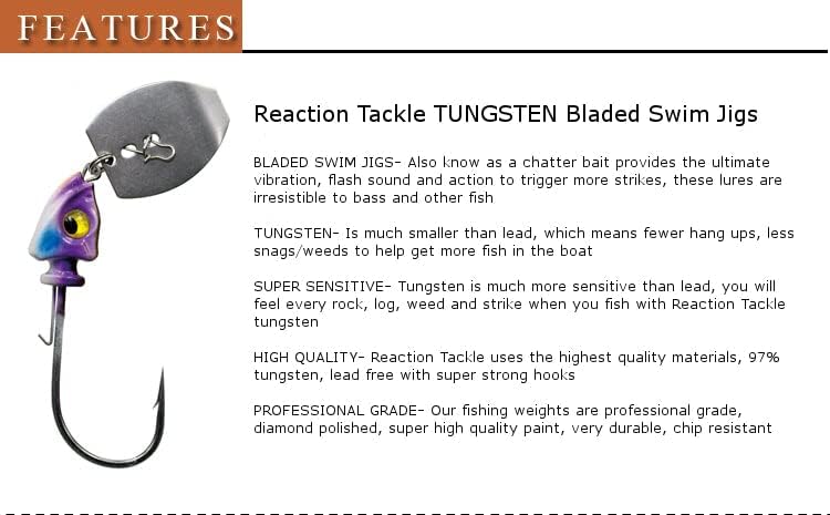 Reação Tackle Tungstênio Bladed Swim Jig Heads para pesca - 2 pacote de gabaritos de pesca para baixo e pequeno e pequeno robalo, truta, walleye - com cabeça lâmina para fazer uma tagarelice -vibração de isca giratória