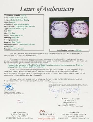 Magníficos Babe Ruth e Lou Gehrig Dual assinou 1927 Liga Nacional Baseball JSA - Bolalls autografados