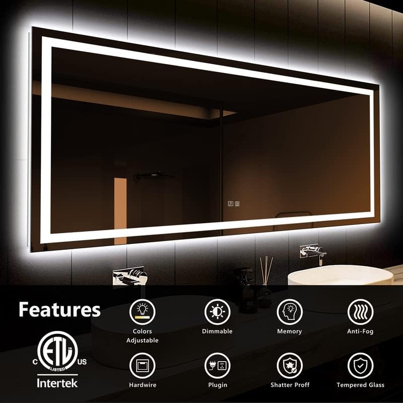 Roomtec 60 * 36 polegadas Mirror de banheiro LED Mirror dianteiro Vaidade iluminada Decoração de casa com botão de toque advertível