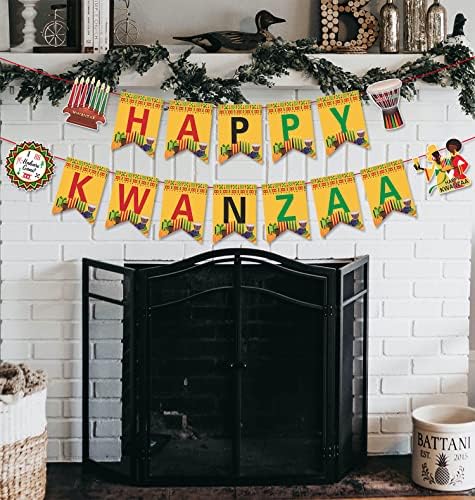 JKQ Happy Kwanzaa Banner com Candlesticks Unity Cup Drum Signs Africa Heritage Paper Holiday Paper Banner Banner Africano Kwanzaa